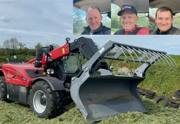 <em class="placeholder">Benoit Lecler et Flavien Lecler, agriculteurs à Ouville (Manche - 50) et leur salarié Paul Lecler, essayeurs du chargeur télescopique Case IH Farmlift 742</em>