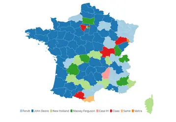 Carte de france par dep avec le classement des trois première marques de tracteurs agricoles