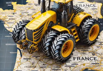 Tracteur jaune avec roues jumelés sur une carte de France