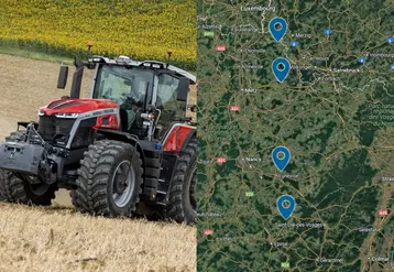 <em class="placeholder">Tracteur Massey Ferguson 8S et carte présentant les quatre bases commerciales du concessionnaire Vautrin-Cherrier </em>