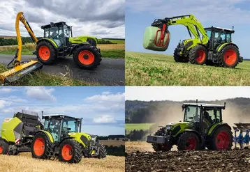 <em class="placeholder">Vue de quatre tracteurs Claas Axos série 3 avec épareuse, chargeur frontal, presse à balle ronde et charrue.</em>