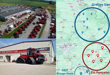 Vue d'un parc de tracteurs Case IH et des secteurs commerciaux du groupe David et des Ets Poncelet. 