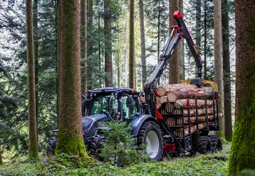 <em class="placeholder">Débardeuse HORSCH PIRK Forestry devant un tracteur dans la forêt.</em>