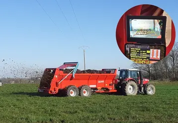 <em class="placeholder">Épandeur de fumier Buchet attelé à un tracteur Massey Ferguson</em>