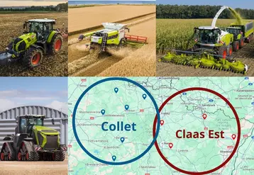 <em class="placeholder">Machines agricoles automotrices Claas et une carte indiquant la position de Collet et Claas Est.</em>