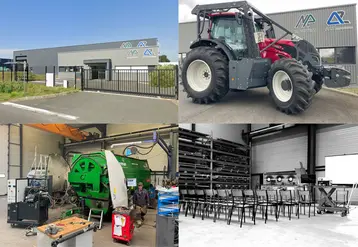 Façade de l'entreprise AAZ Union, tracteur Valtra blindé par Pautrat, mélangeuse Keenan en reconditionnement