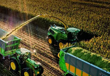 Ensileuse automotrice JD F9 1000 à la récolte d'ensilage de maïs 