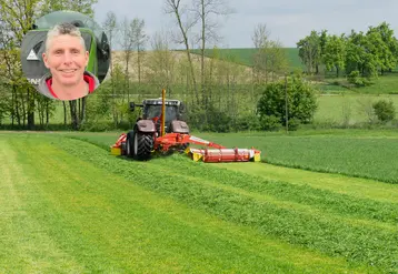 <em class="placeholder">Benoit Delafosse, agriculteur à Torigny-Les-Villes dans la Manche, et tracteur Case IH avec groupe de fauche Pöttinger au travail composé d'une faucheuse frontale Novacat ...</em>