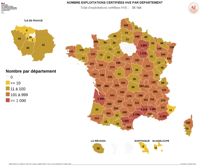 Carte du nombre d'exploitations certifiées HVE par département en janvier 2026