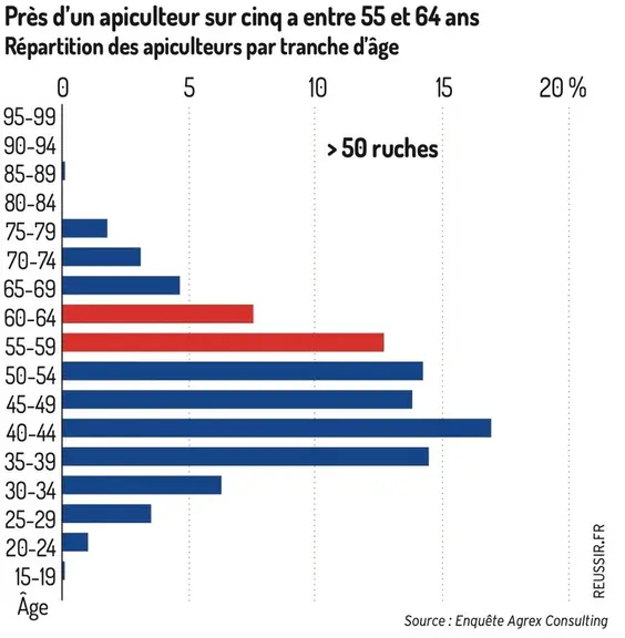 Près d’un apiculteur sur cinq a entre 55 et 64 ansRépartition des apiculteurs par tranche d’âge