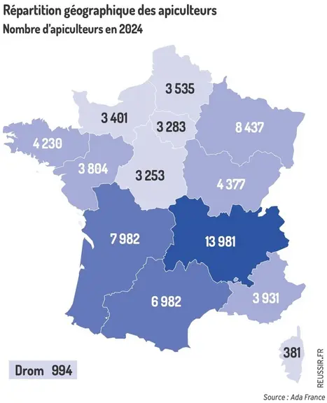 Répartition géographique des apiculteursNombre d’apiculteurs en 2024
