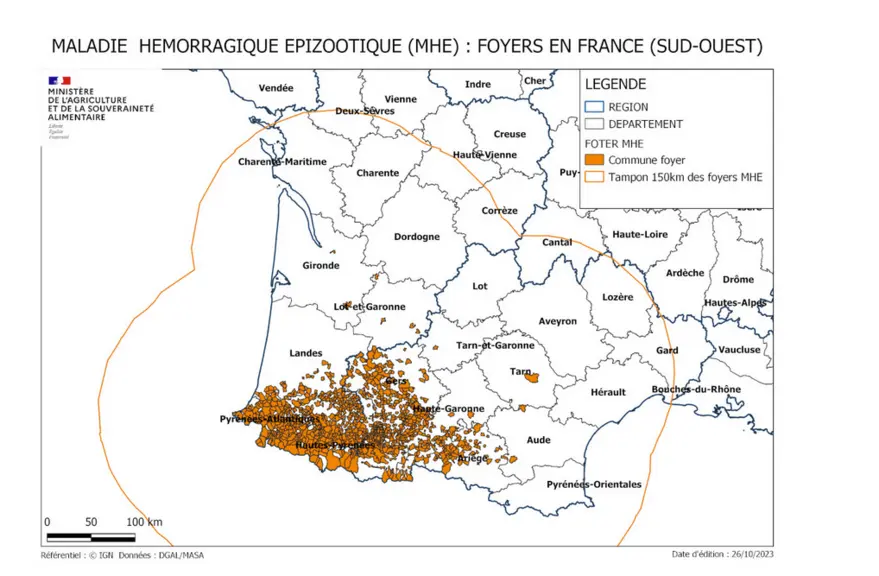 Carte zone réglementée MHE au 26 octobre 2023