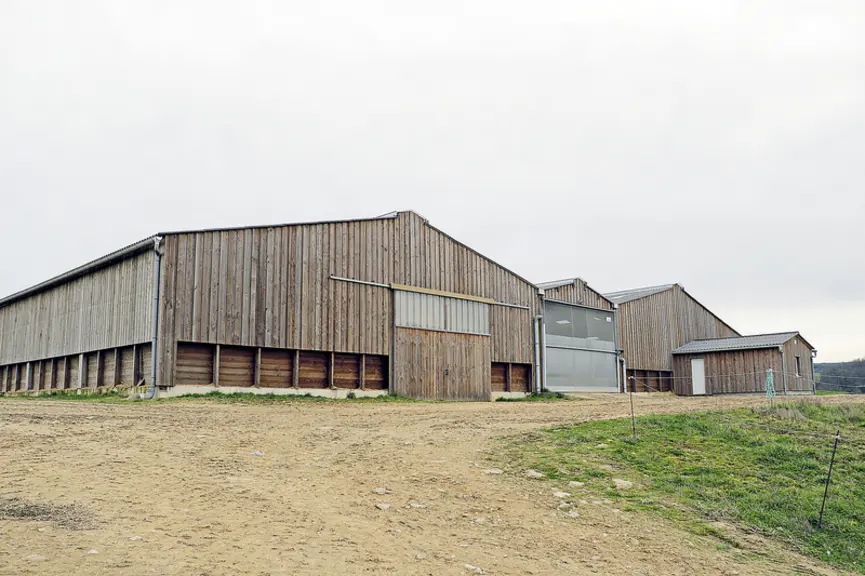 Le bâtiment fait 42 m de long (7 travées de 6 m) par 41 m de large (deux bipentes de 17 m et le couloir central de 7 m).