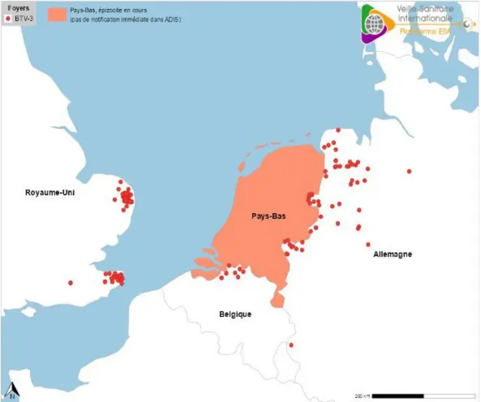 carte foyers FCO de sérotype 3 europe du nord 