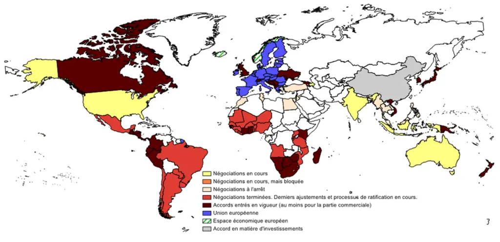 Carte montrant l'état des négociations de l’accord de libre-échange menées par l’Union Européenne en juillet 2024.