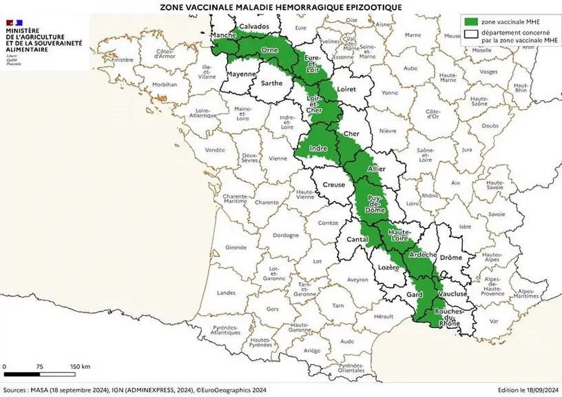 Carte de la zone de tampon vaccinale contre la MHE
