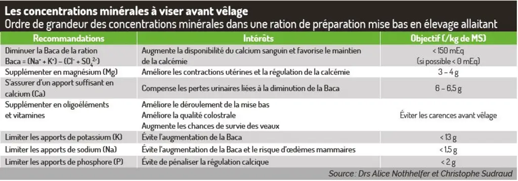 tableau equilibre minéral préparation vêlage vache allaitante