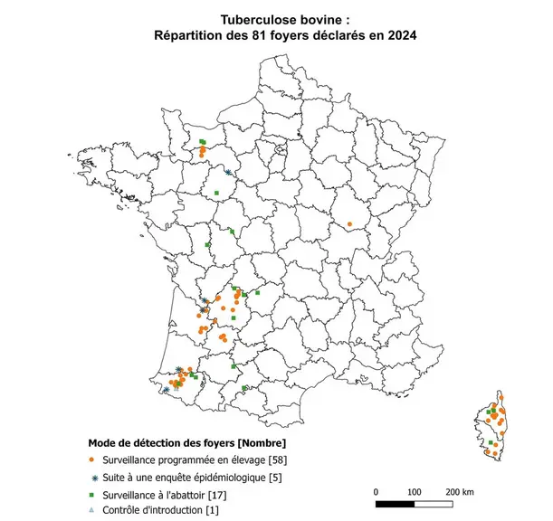 carte de France foyers tuberculose bovine en 2024