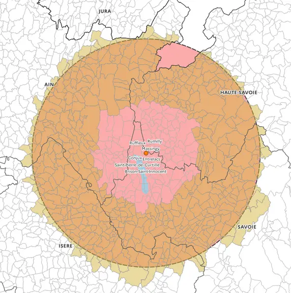 Carte présentant la zone réglementée d’un rayon de 50 kilomètres autour du foyer de dermatose nodulaire contagieuse détecté en Savoie le 29 juin.