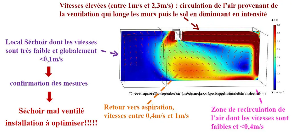 Cette simulation numérique réalisée à partir de mesure en ferme montre l’hétérogénéité des vitesses d’air dans un hâloir. © Inra