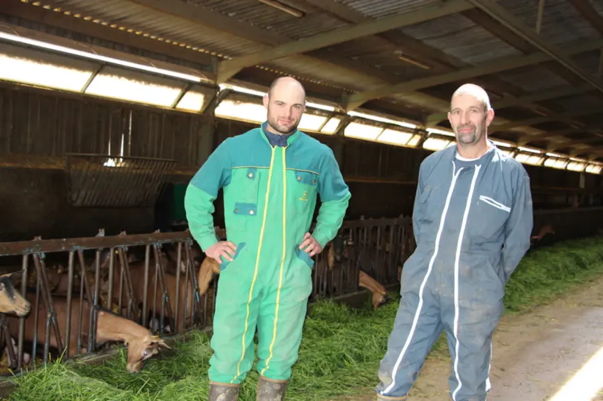 Chez Anthony Maupoint (à gauche) et Patrice Ayrault, l'apport de protéagineux toastés a amélioré le niveau de production et le métabolisme. © V. Barga