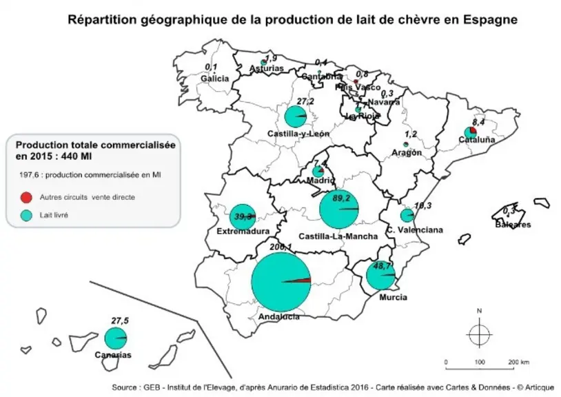 [carte à refaire et à mettre en ouverture avec le graphe ]La production de lait de chèvre est concentrée principalement au Sud du pays, l’Andalousie c