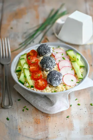 Veggie bowl aux billes de chèvre frais © A. Orphelin/Anicap