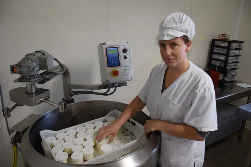 Les yaourts sont placés dans des caisses empilées dans la cuve chauffante servant à la fabrication des tommes. © D. Hardy