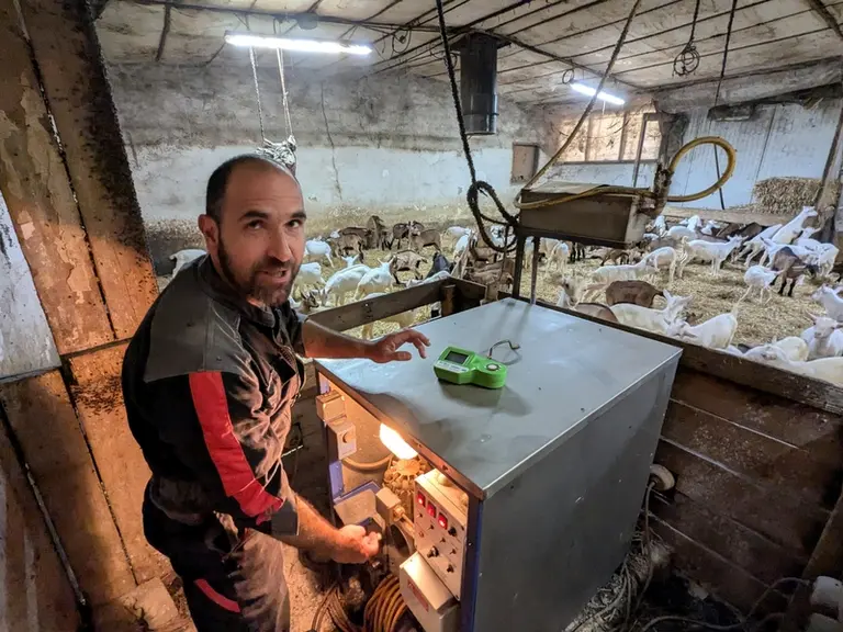 <em class="placeholder">Rémy Simiand et une louve au milieu de l'élevage des chevreaux</em>