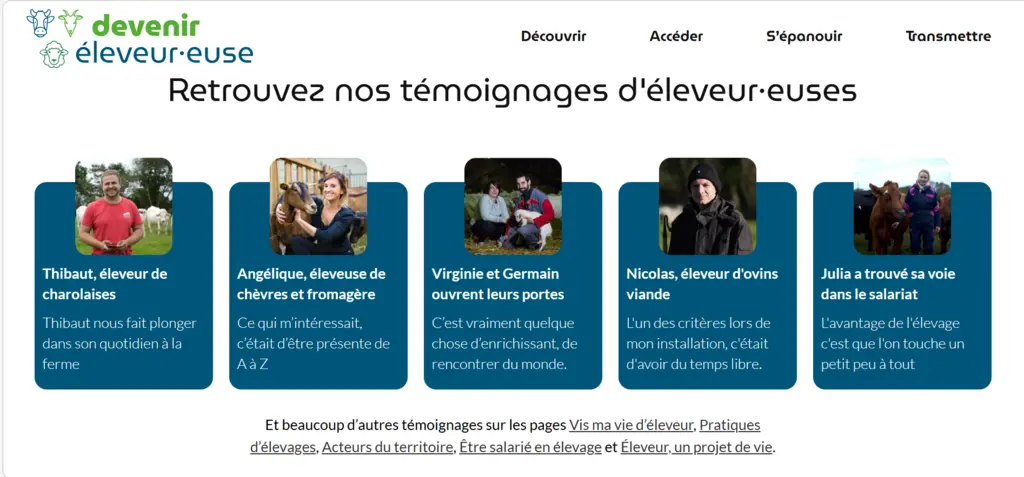  Capture d’écran des témoignages du site Devenir éleveur·euse.