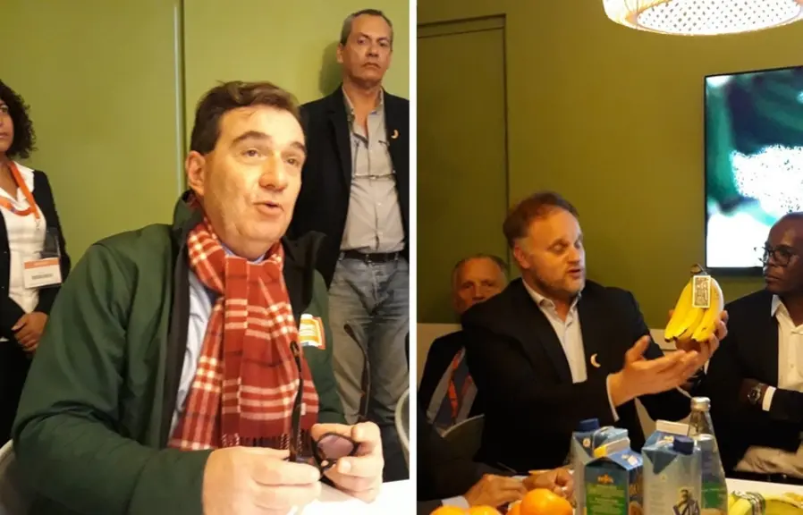 Pierre Monteux, directeur général de l’UGPBAN et Matthieu Lovery, directeur de marché fruits et légumes du groupe Carrefour, présentent les deux parte