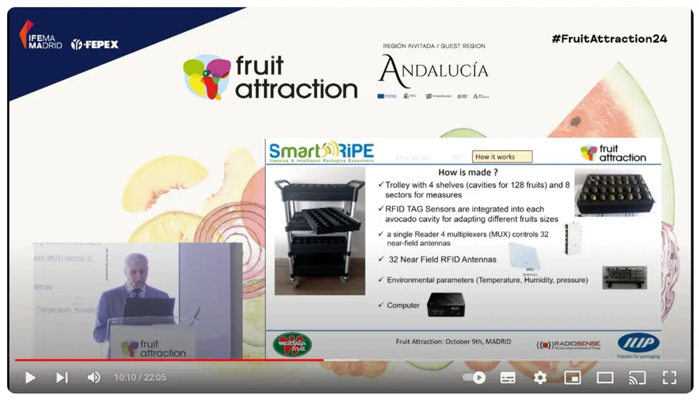 Capture d'écran de la vidéo de présentation du chariot Smart Ripe de l'équipementier ILIP. Sur cette capture d'écran, une photo du chariot et ses prin