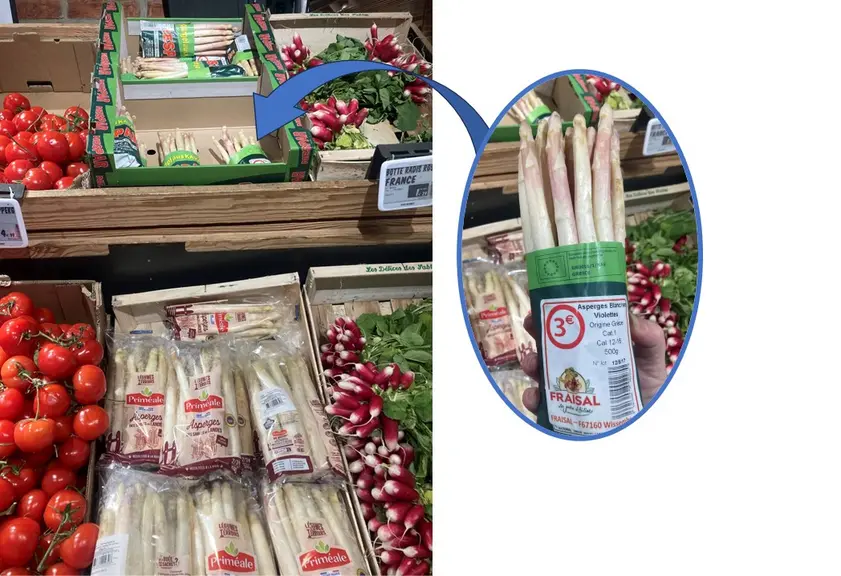 photo montage : un rayon d'asperge, avec un zoom sur une botte d'asperges origine Grèce