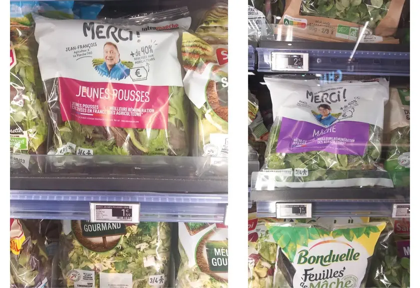 Deux photos d'un rayon de salades en sachets, chacune des photos zoome sur une référence de la marque MERCI!