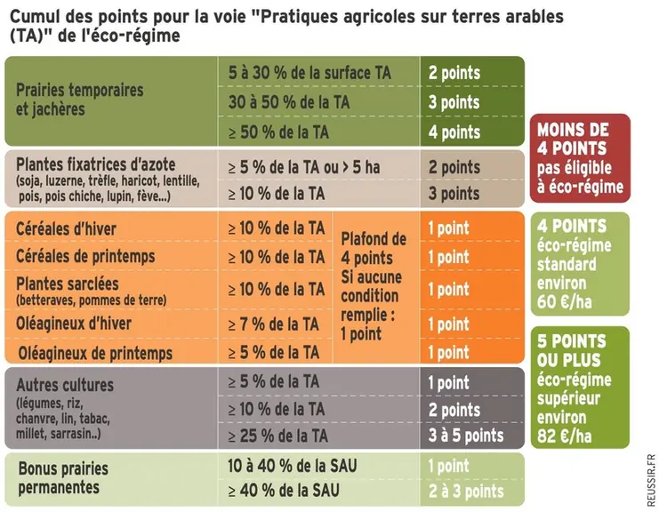 Pour un système spécialisé en grandes cultures, la voie des pratiques implique la diversification de l’assolement, mesurée à l’aide d’un « permis à point ». Le mode de calcul favorise les protéagineux et la jachère, qui sont donc deux leviers importants. Si la note est inférieure à 4 (pas d’éco-régime), deux stratégies sont envisageables pour y remédier. Mettre quelques hectares en jachère est un premier moyen relativement simple d’atteindre ...