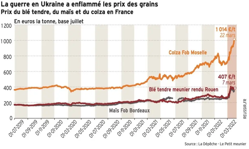 Le blé à Rouen a dépassé 400 €/t, quand le colza franchissait la barre des 1000 €/t. Des niveaux inédits.
