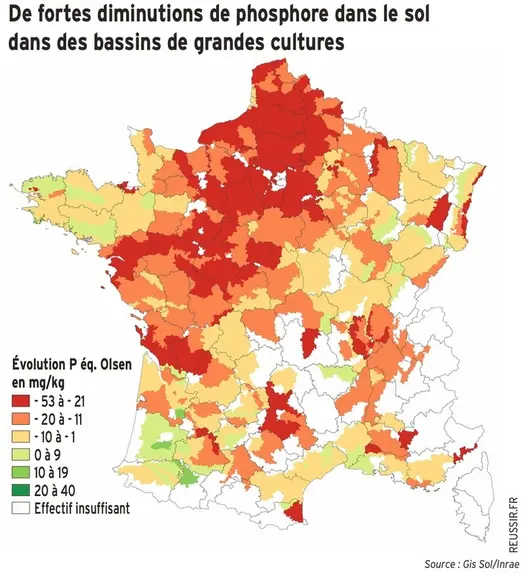 De fortes diminutions de phosphore sont relevées dans le sol des bassins de grandes cultures.
