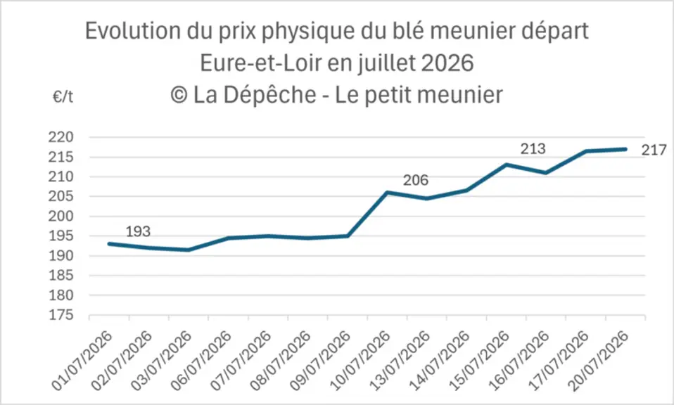 <em class="placeholder">Evolution du prix physique du blé meunier départ Eure-et-Loir juillet 2026</em>