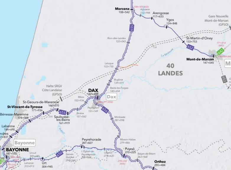 zoom carte réseau ferroviaire Nouvelle Aquitaine