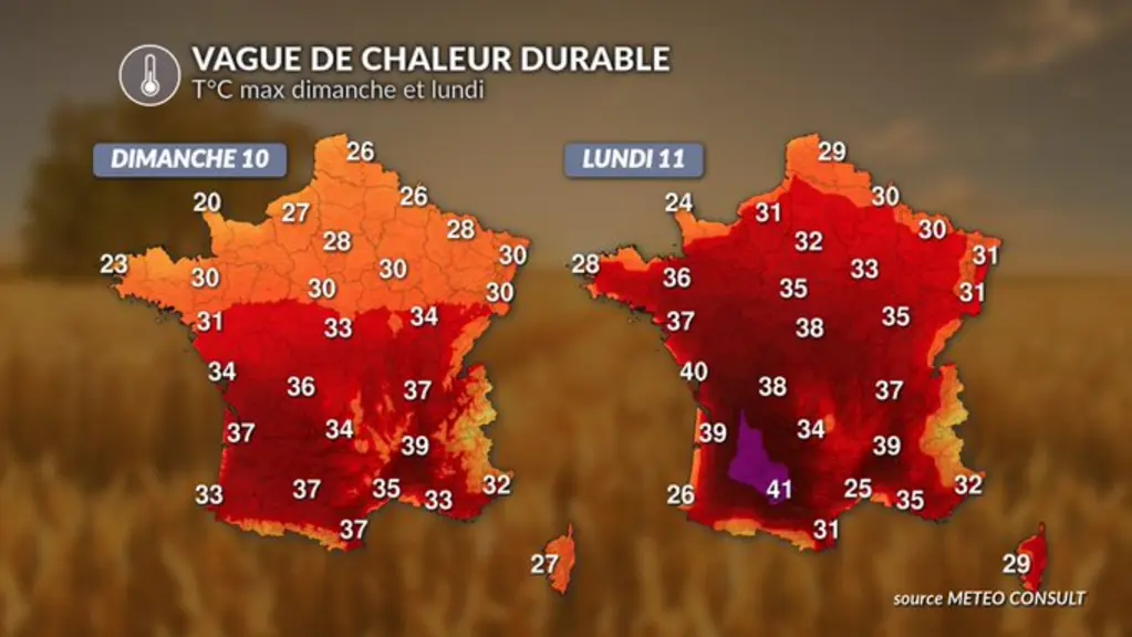 cartes de France des températures des dimanche 10 et lundi 11 août 2025, par Météo Consult