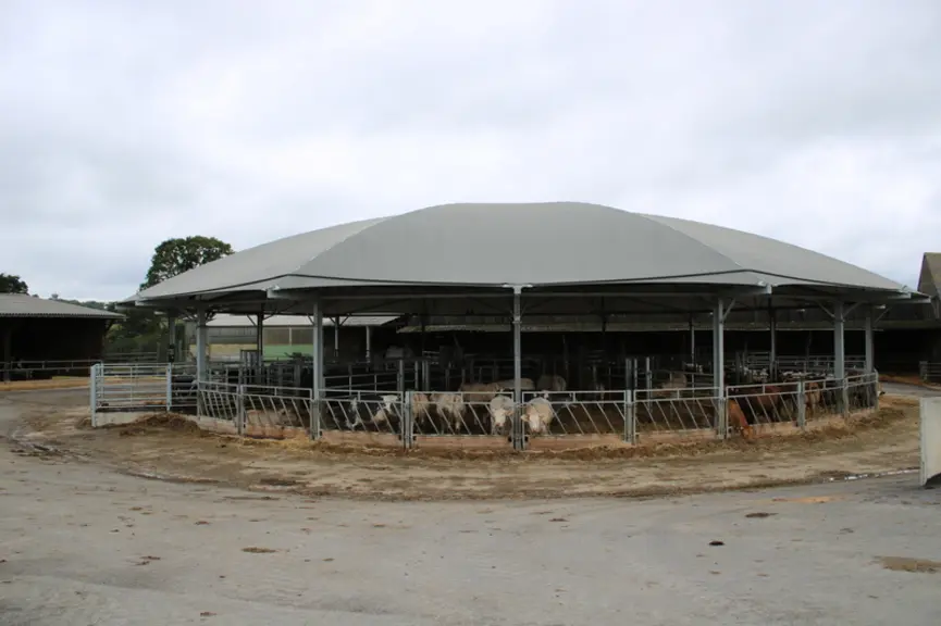 La stabulation mesure 30 m de diamètre. Une aire bétonnée de 5 m de large a été coulée à l’extérieur des cornadis. Elle sert de table d’alimentation e