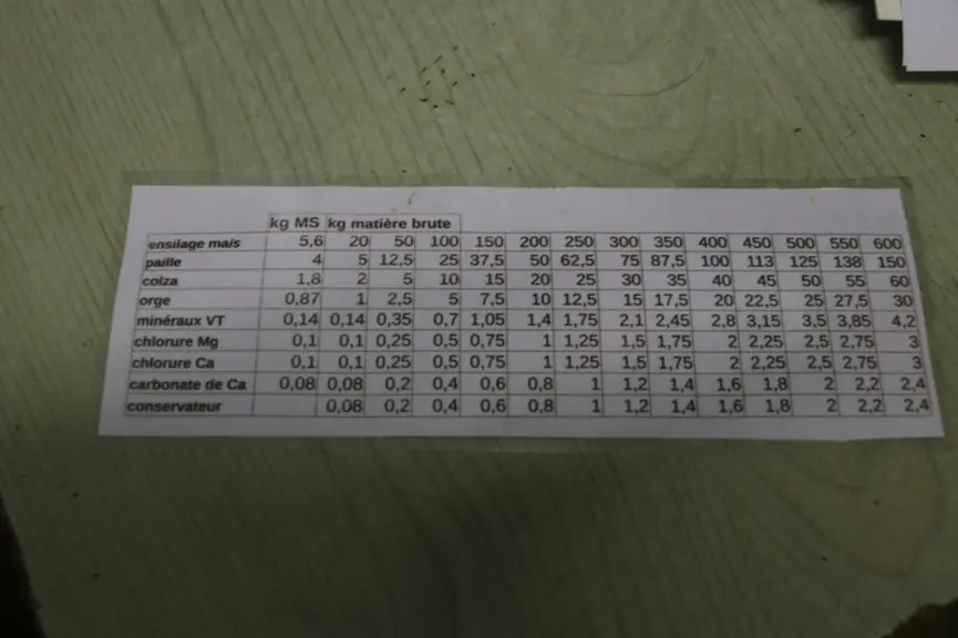 Un tableau reprend les quantités brutes à distribuer selon le nombre de vaches, sous forme de fiche plastifiée (une dans chaque tracteur) pour standardiser les pratiques, quelle que soit la personne qui distribue. Si la mélangeuse stationne dehors, mieux vaut distribuer la ration des laitières avant celles des taries, car les chlorures ont tendance à se coller aux parois en ferraille de la machine si elle est trempée. © E. Bignon