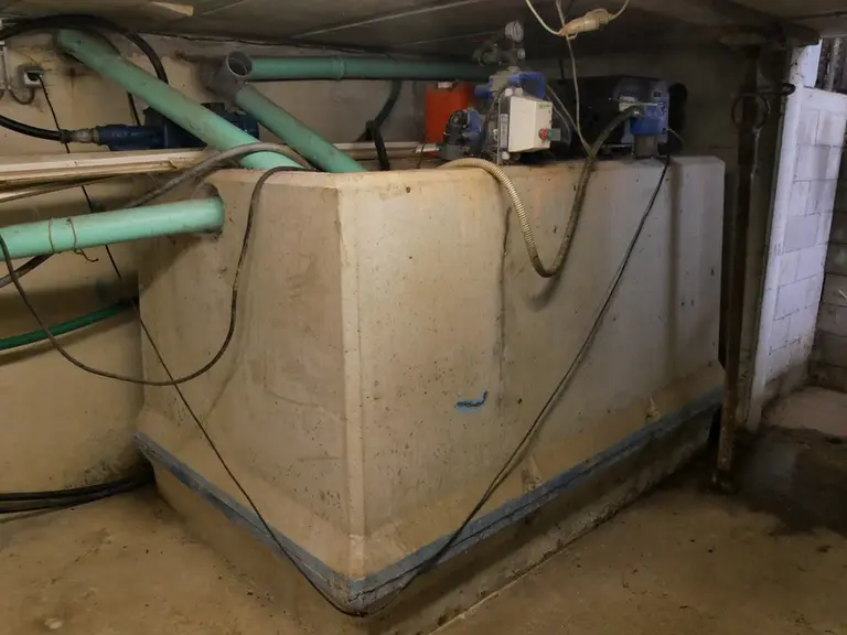 Le filtre s’autonettoie systématiquement tous les sept jours en faisant passer de l’eau en sens inverse. Cette eau est récupérée dans cette cuve de 5 000 litres en béton, également approvisionnée par l’eau issue du toit de la salle de traite (150 m2). Traitée avec des pastilles de chlore, elle sert à nettoyer les quais.