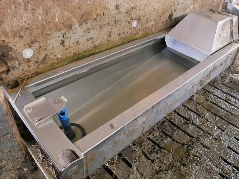 L'eau arrive claire dans les abreuvoirs. Sa qualité sanitaire est contrôlée chaque année. En amont de la citerne, à la descente des chéneaux, il faut prévoir une filtration pour limiter l’entrée de particules de matière organique. Le trop-plein d’eau se déverse dans une faille.