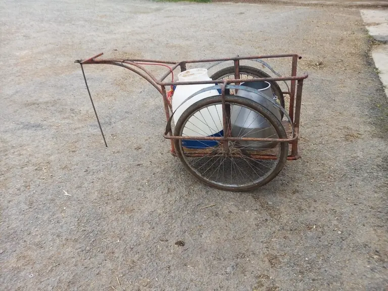 Baptiste Moineau a récupéré ce chariot pour transporter le lait.