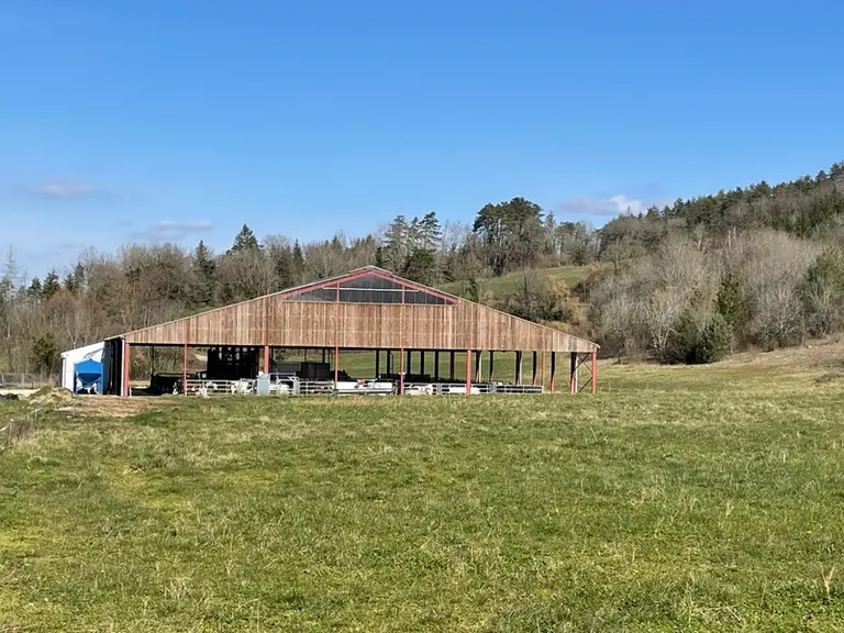 La stabulation, orientée Nord-Sud, a été placée entre deux courants froids et humides, en contrebas de la montagne. Les vents dominants Nord et Sud sont très présents et ont un effet positif sur la ventilation naturelle du bâtiment.