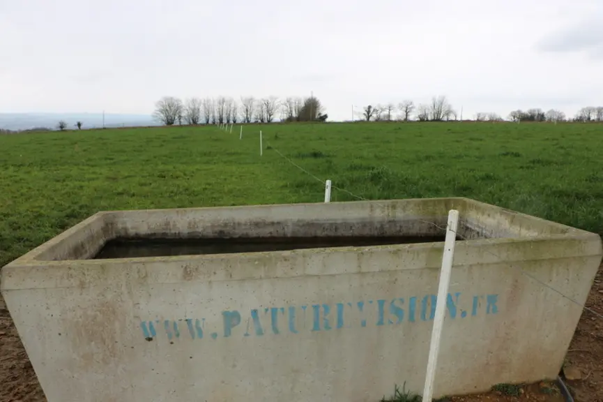 Abreuvoir en béton dans une prairie, entre deux paddocks