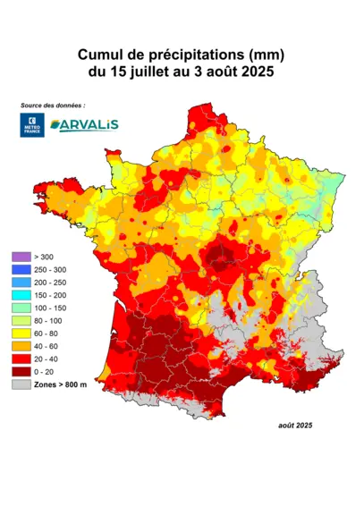 carte des précipitations du 15 juillet au 3 août 2025 en France