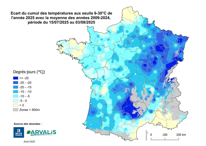 carte de relevés de températures de la mi-juillet à début août 2025