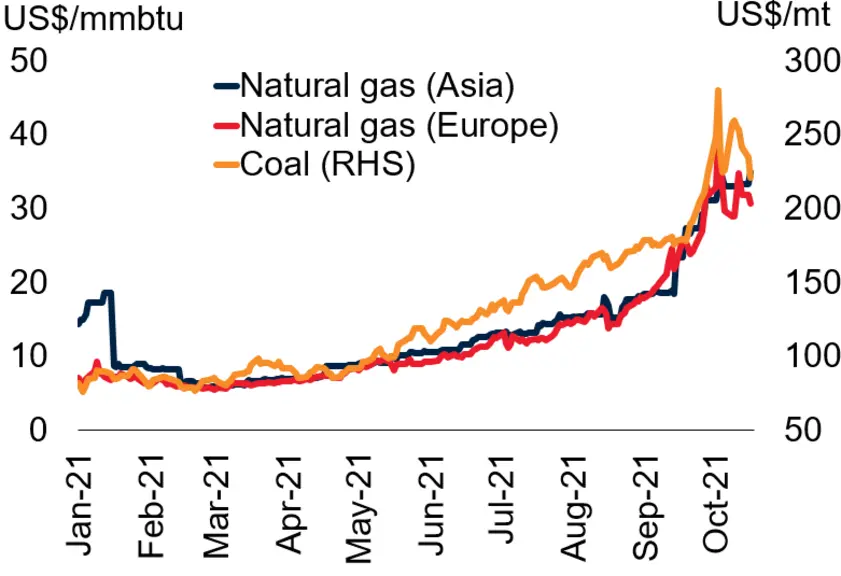 Evolution des prix du gaz naturel et du charbon 